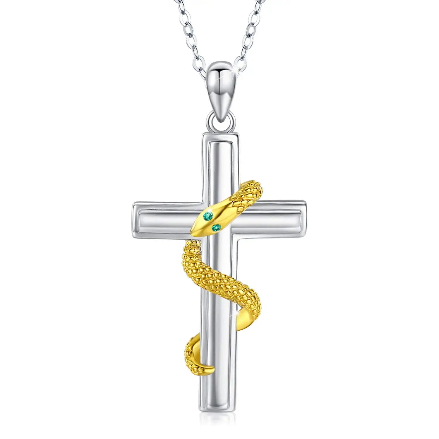 Religious Fine Jewelry 925 Sterling Silver Two Tone Plated Snake Cross Pendant Necklace