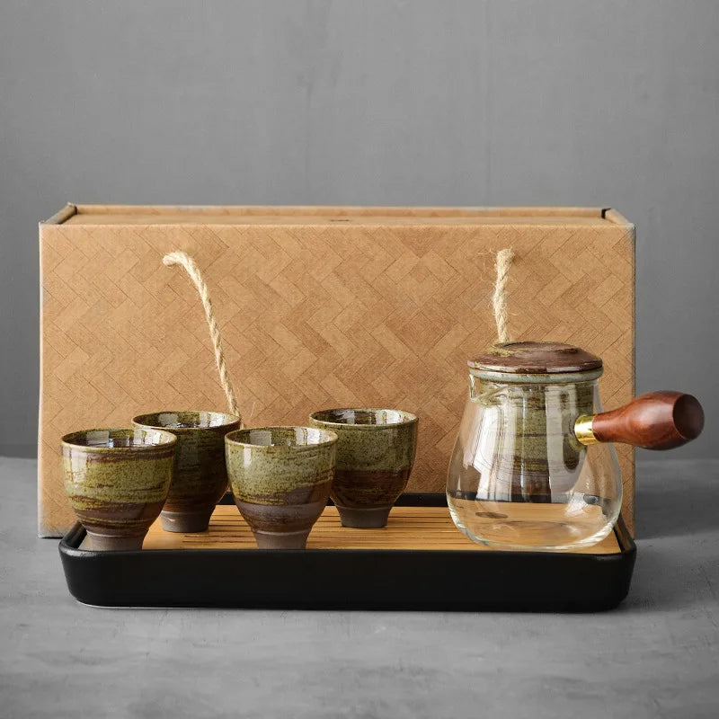 Japanese Style Side Handle Kung Fu Tea Set One Pot Four Cups Mini Set Handmade Retro Household Minimalist Tea Making Device