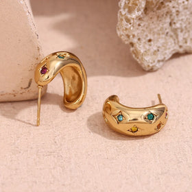 Colorful Zircon Hoop Earring Chunky Gold Plated Earrings Stainless Steel Jewelry Wholesale