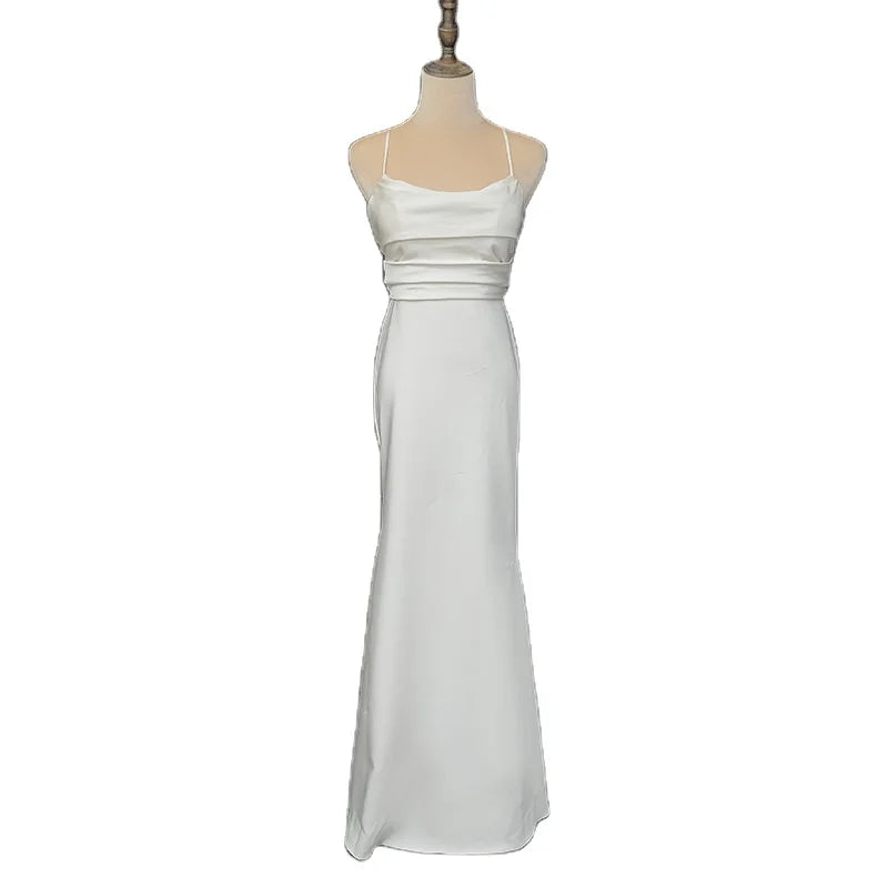 11607#Spaghetti Straps Sweep Train Soft Satin Backless Mermaid Sleeveless Criss-Cross Wedding Dress Bridal Gown REAL PHOTO