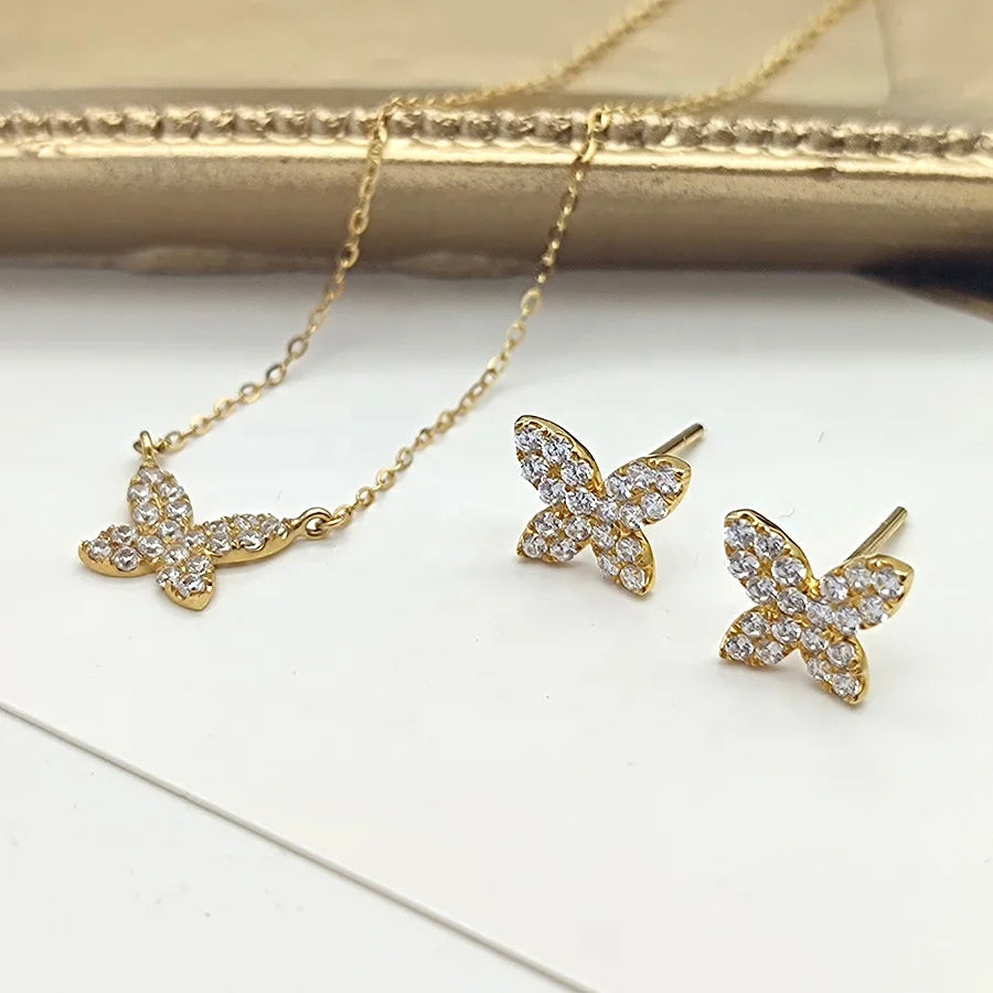 Genuine Gold Trendy 18k Solid Gold Butterfly Pendant Necklaces Earrings Wholesale Jewelry Set