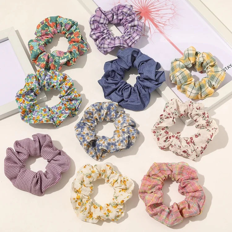 MIO Soft Fashion 10cm Plaid Striped Flowers Hair Rope Ponytail Holder Cotton Scrunchy Elastic Hair Ties for  for Women and Girls