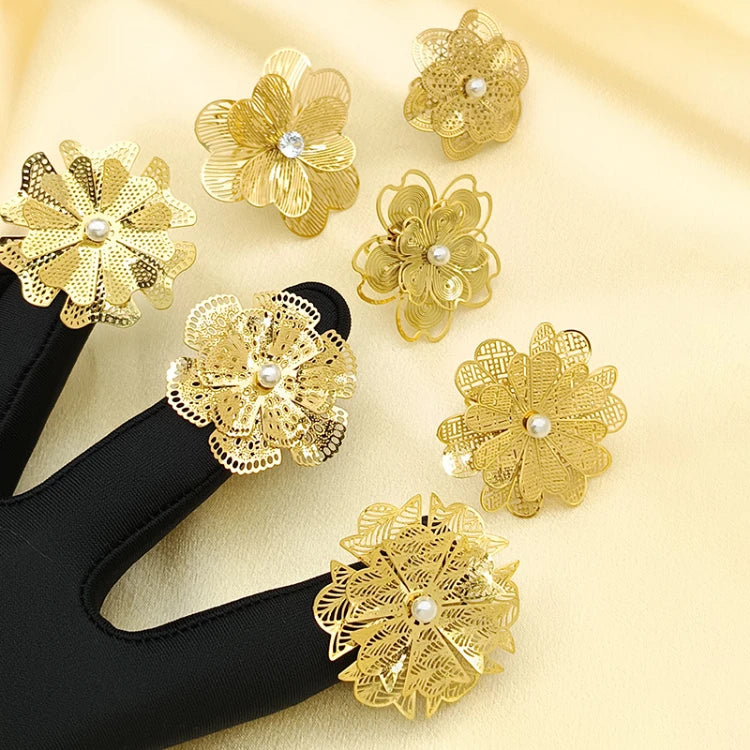 MC306 Wholesale Stainless Steel Finger Rings Gold Plated Multi-layered Hollowed Flowers Rings With Pearl Classic Woman Jewelry