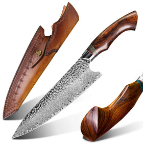 Handmade 8inch Carbon Steel Damascus Steel Ironwood Handle Japanese Kitchen Chef Knife Leather Sheath Customized Logo Gift Box