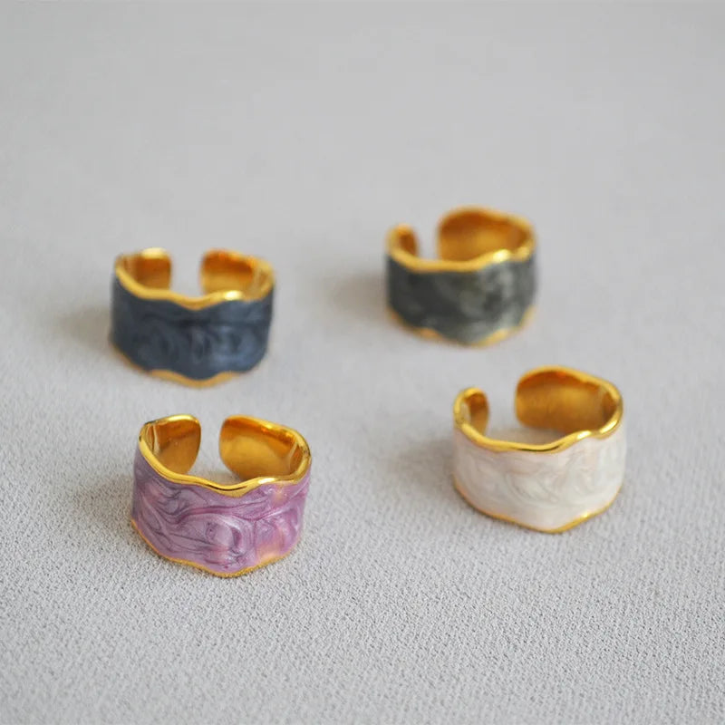 Wholesale High Quality French Elegant Ring Enamel Oil Open Ring Stainless Steel Gold Plated Ring for Women