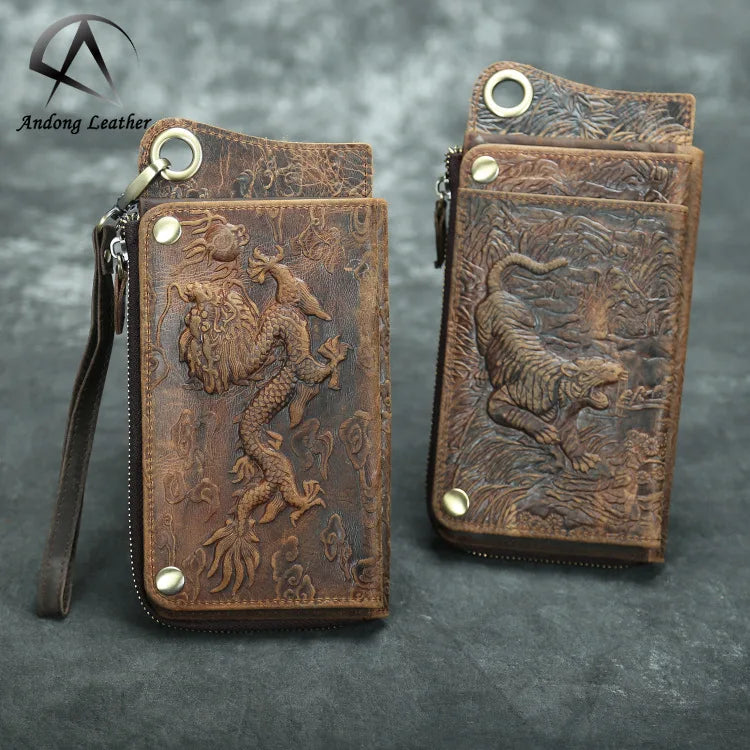 Andong Crazy Horse Leather Long Wallets for Men Retro Zipper Purse Card Holder Man Cool Wallet Dragon Tiger Phone Pocket
