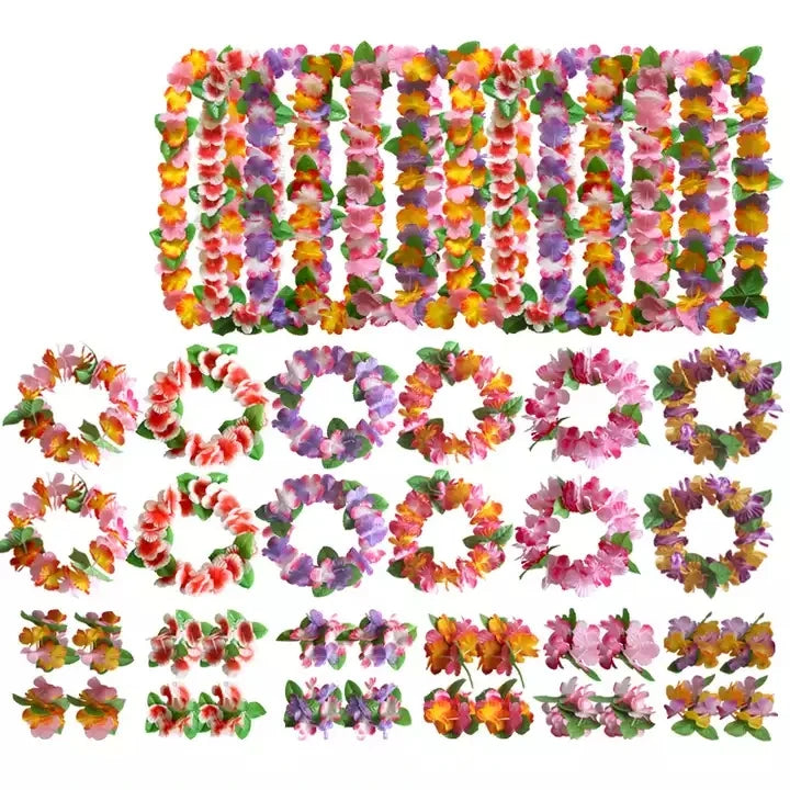 SC 2022 Handmade 4sets Kukui Nut Lei Necklace Colorful Flower Hawaii Necklace Graduation Party Dance Petal Women Men Necklace