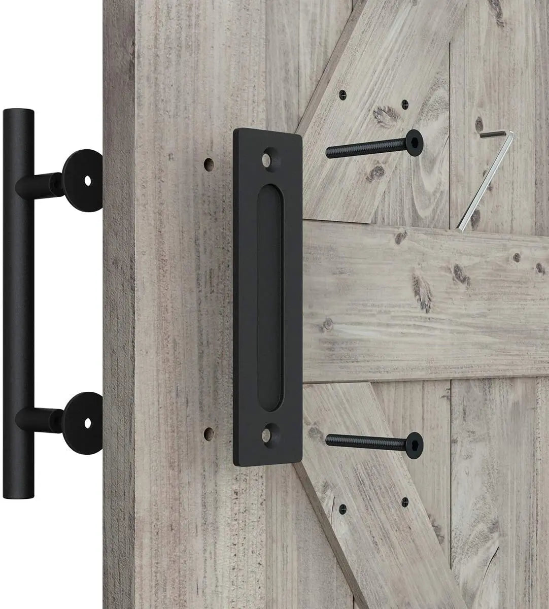 RHETECH Rustic Black 12\" Steel Sliding Barn Door Handle Pull Flush Hardware Set for Bathroom Hotel Bedroom Exterior Entry Hall