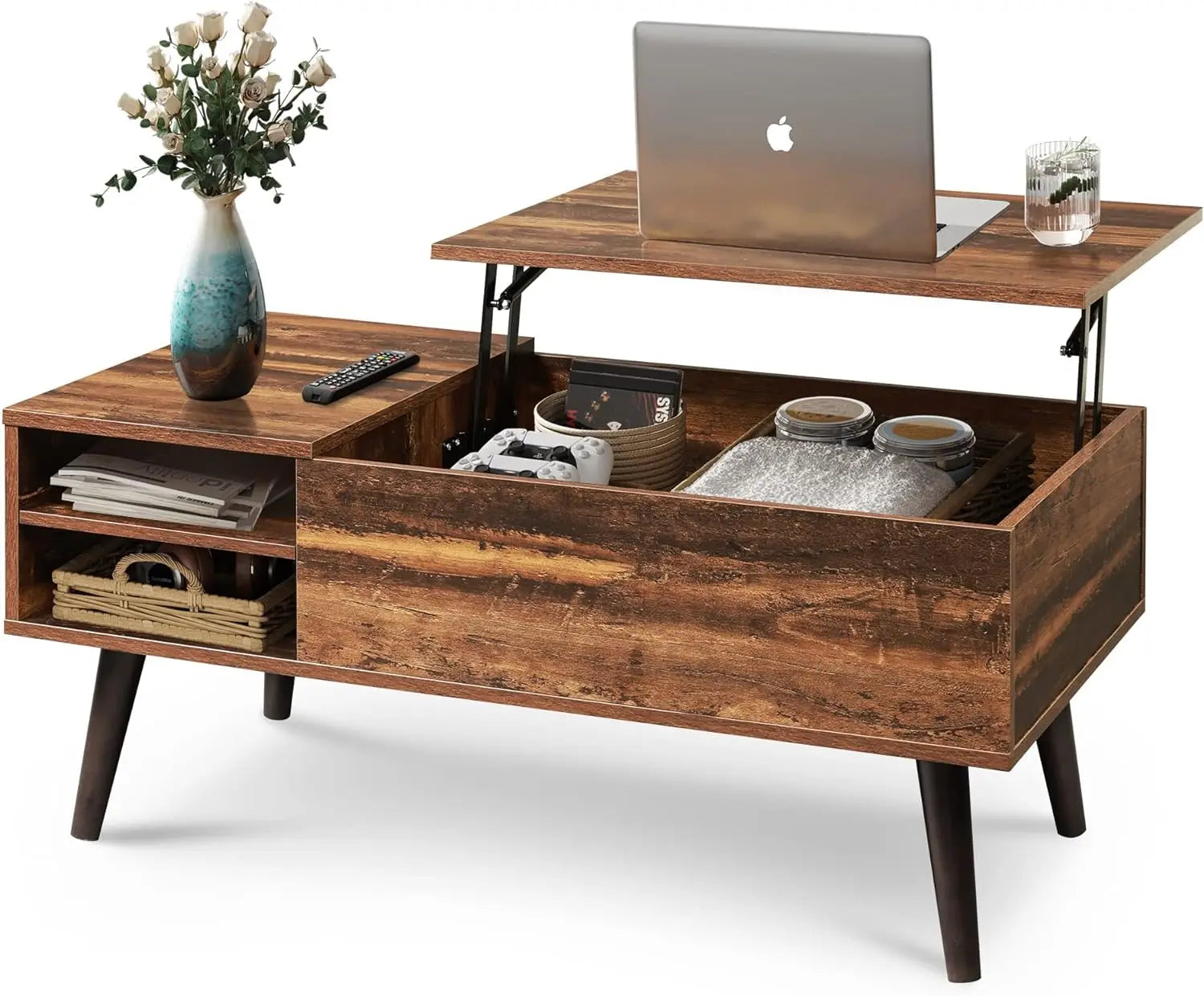 Lift Top Coffee Table  Phoenix Home Rustic Oak Wooden Table Small Space Lift Top Coffee Table with Large Hidden Storage Shelf