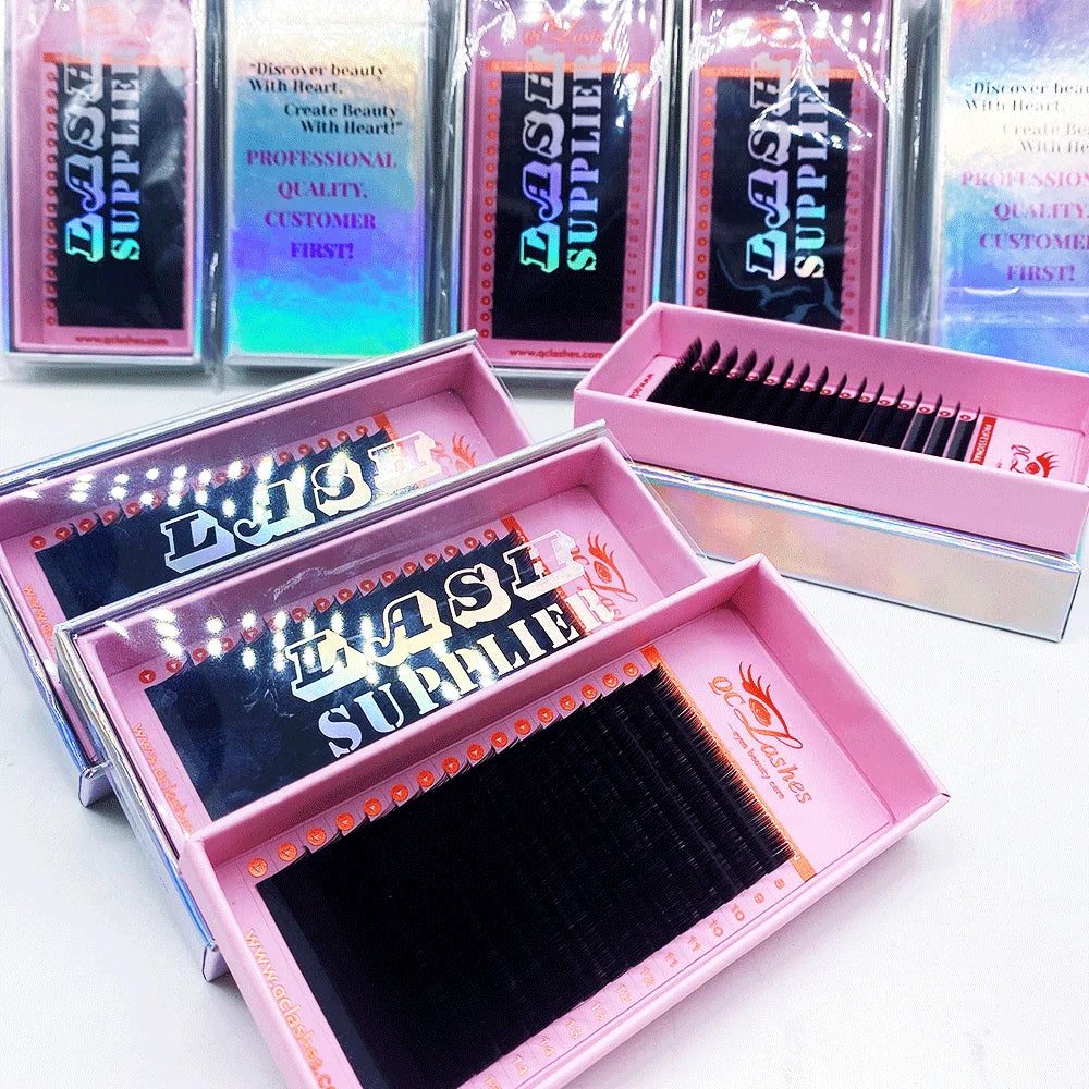 Private Label Korean PBT Soft Matte Dark Black Mega Eyelash Extension Supplies 0.03 Russian Volume Cashmere Lash Trays