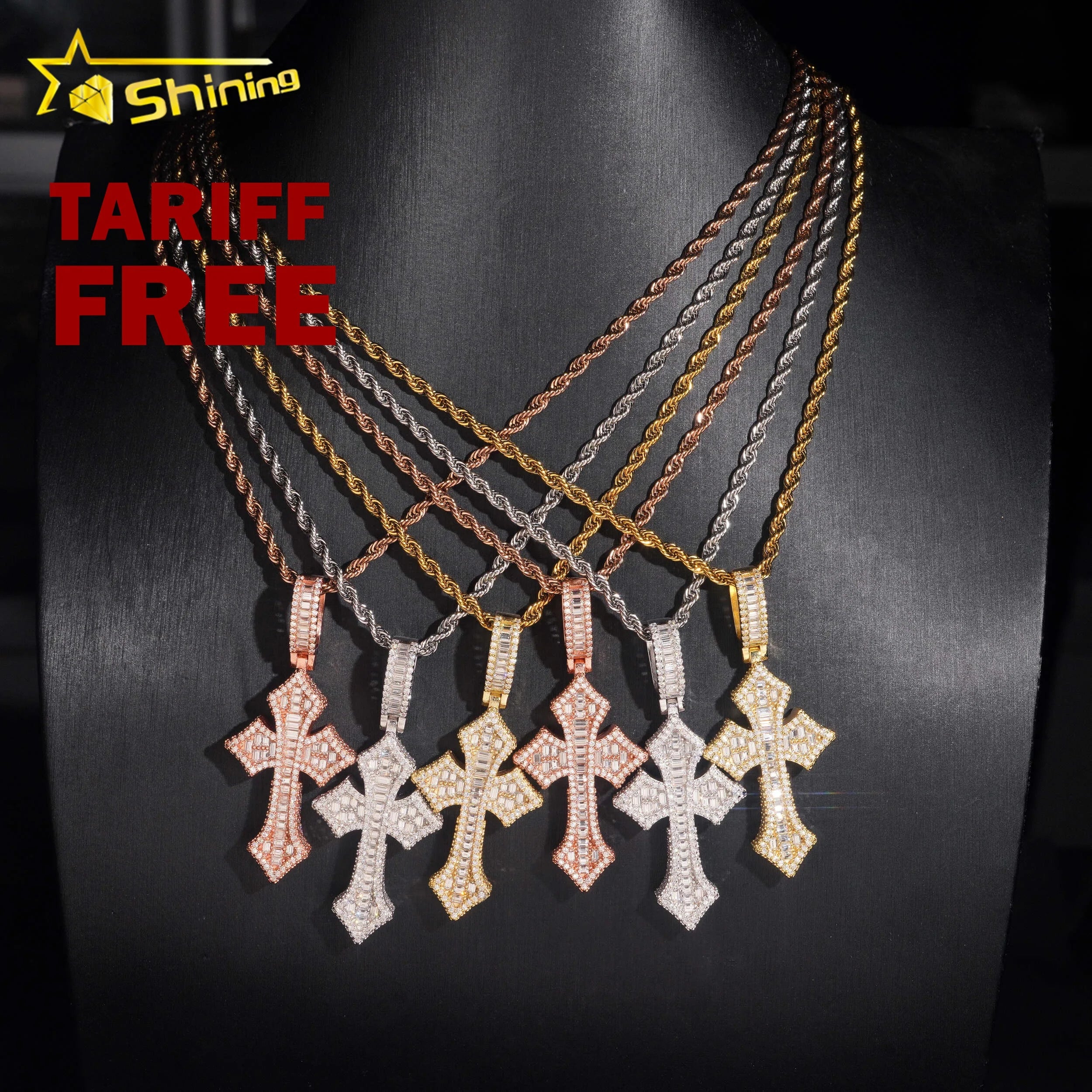 Fast Shipping Iced Out Baugette Cross Pendant 925 Sterling Silver Gold Plated GRA VVS Moissanite Charms Pendant