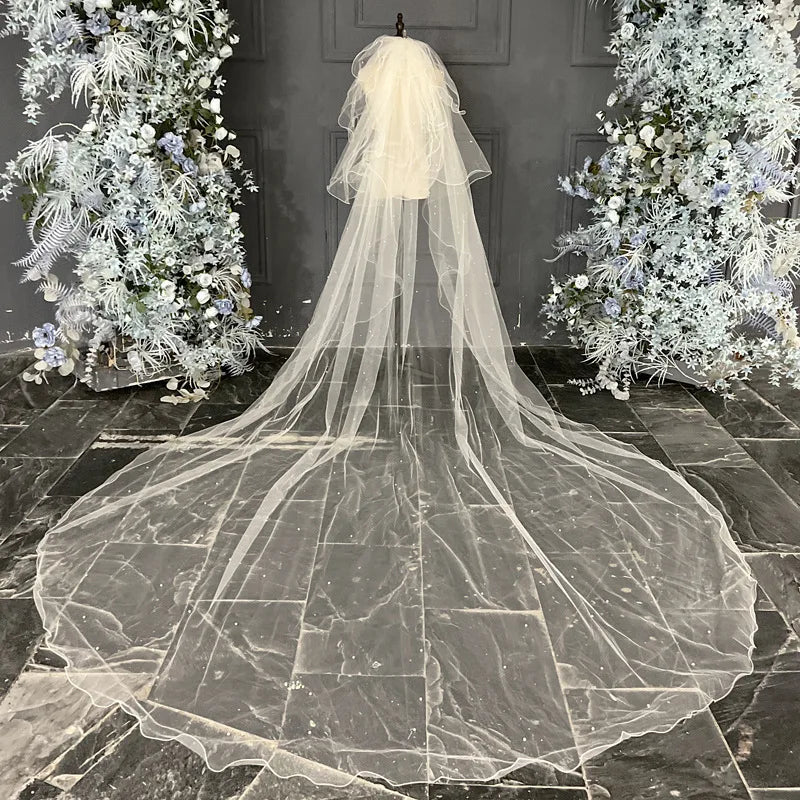 AL1074 Luxurious Ivory White Bridal Veil 4m Long 3m Wide Double Layer with Shiny Pearl Customizable Main Wedding Dress Bow Tiara