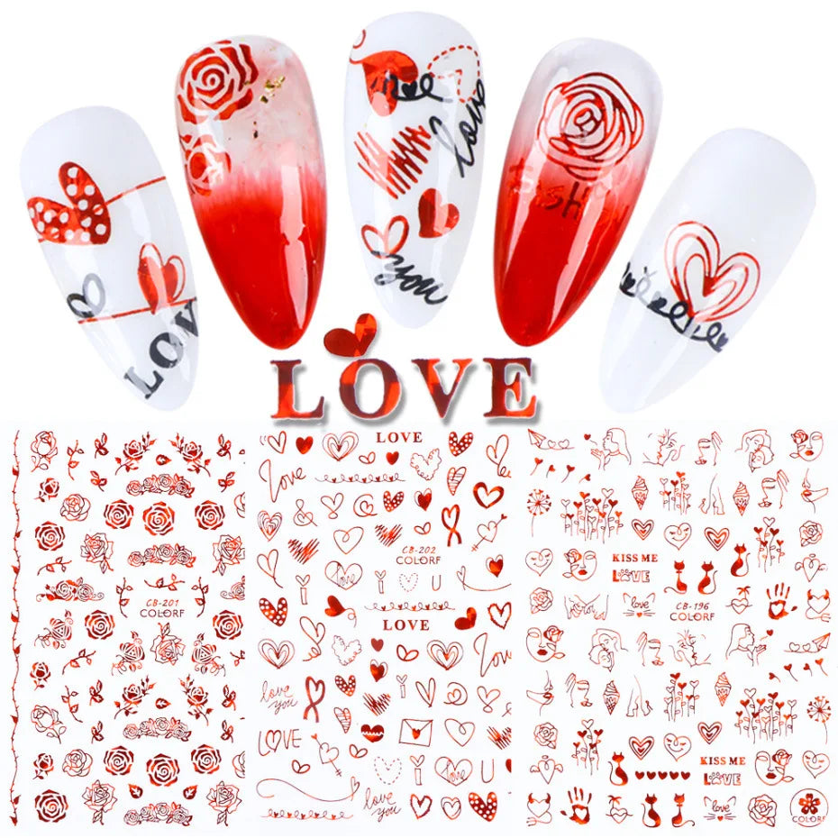 Romantic glitter gold nail stickers heart flowers for wedding valentine day nail art decoration