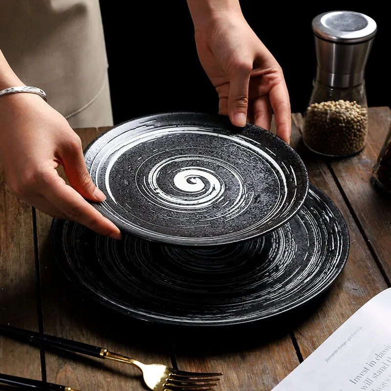 Western Style Restaurant Ceramic Round Shallow Plate 6 7 8 9 10 Inch Round Matte Slate Plate Steak Plates