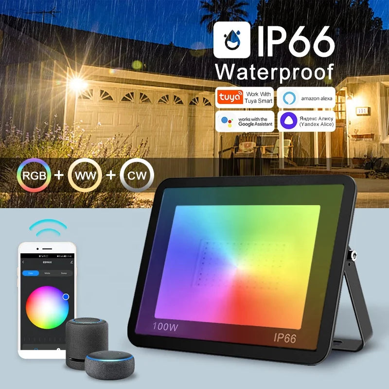 Factory Price Graphene Aluminium Smd Rgb Led Flood Light Tuya App Ip66 50 Watt Rgb Floodlight with Alexa Google Home