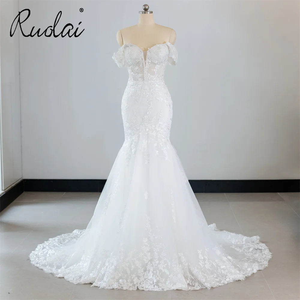 Ruolai QW02099 Detachable Off Shoulder Luxury Beaded Lace Mermaid Style Wedding Dress