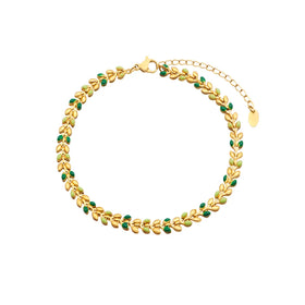 Chris April in Stock Fashion Jewelry 316L Stainless Steel PVD Gold Plated Wheatear Green Enamel Chain Anklet