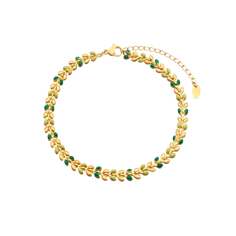 Chris April in Stock Fashion Jewelry 316L Stainless Steel PVD Gold Plated Wheatear Green Enamel Chain Anklet