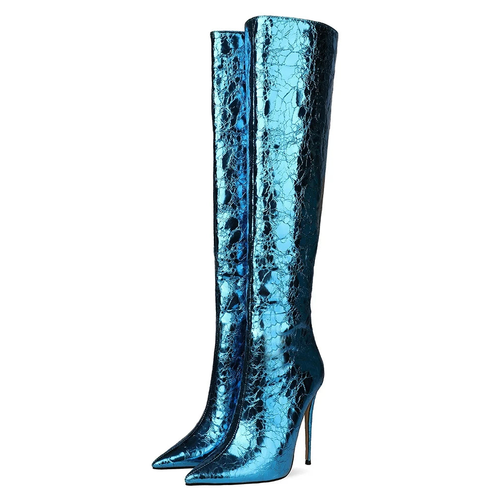Wholesale Women Winter Pointed Toe Metallic Custom Boots Ladies Stiletto Heels Knee High Slim Fashion Boots