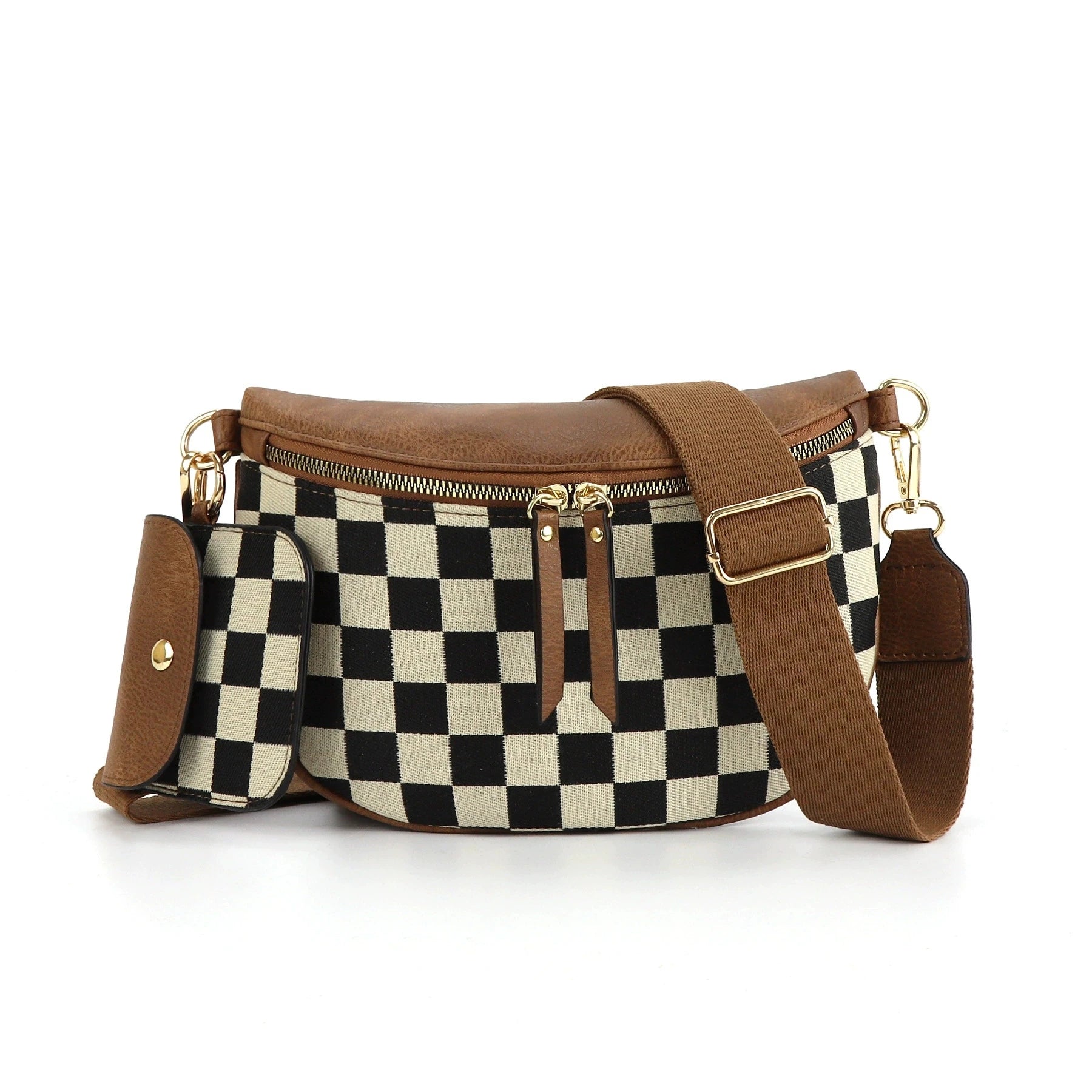 Checkerboard Grid PU Leather Women clear Fanny Pack Tool Waist Bag Running Phone Bag with Earphone case Custom Design and logo