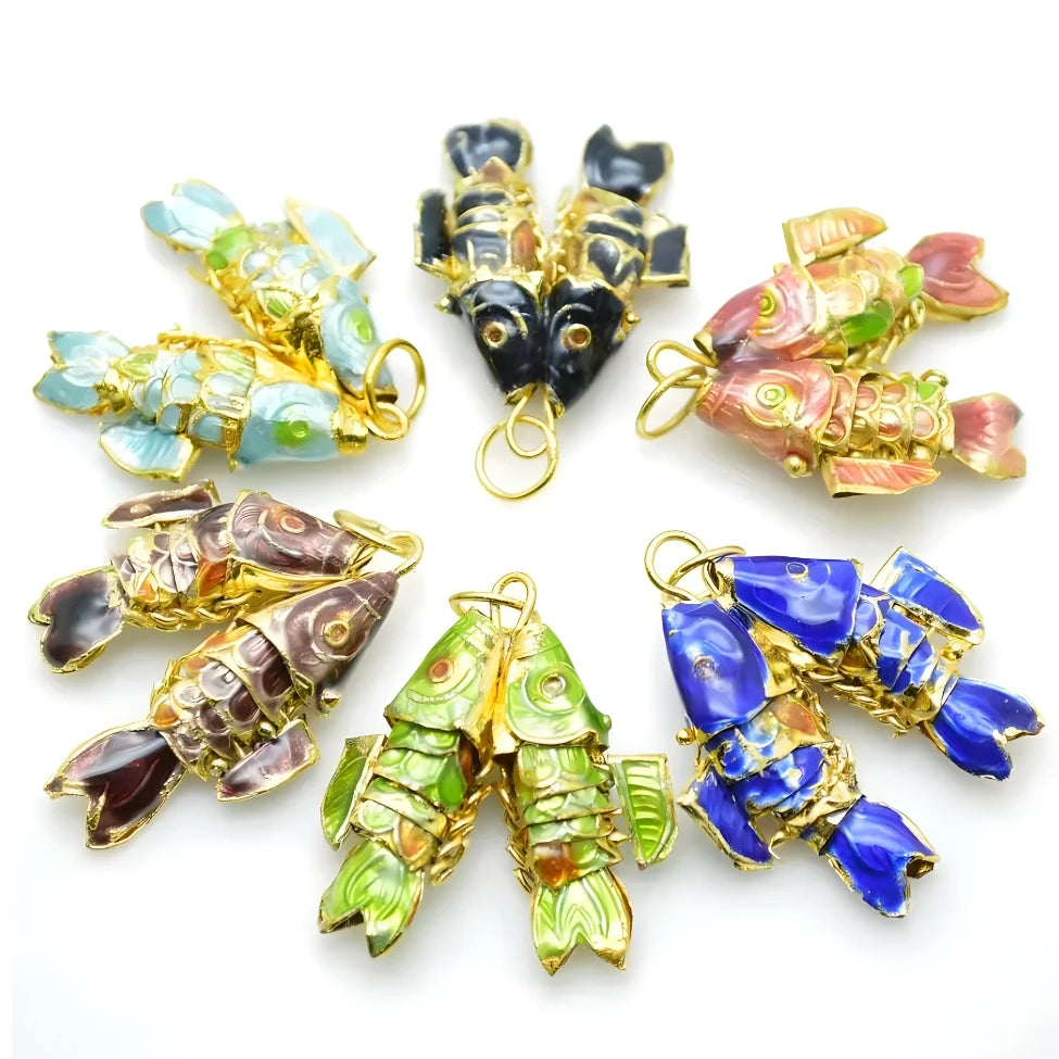 Chinese Ancient Style Cloisonne Jewelry 2.5x2.5cm Small Size Double Carp Fish Pendant for Necklace Earring Making Findings