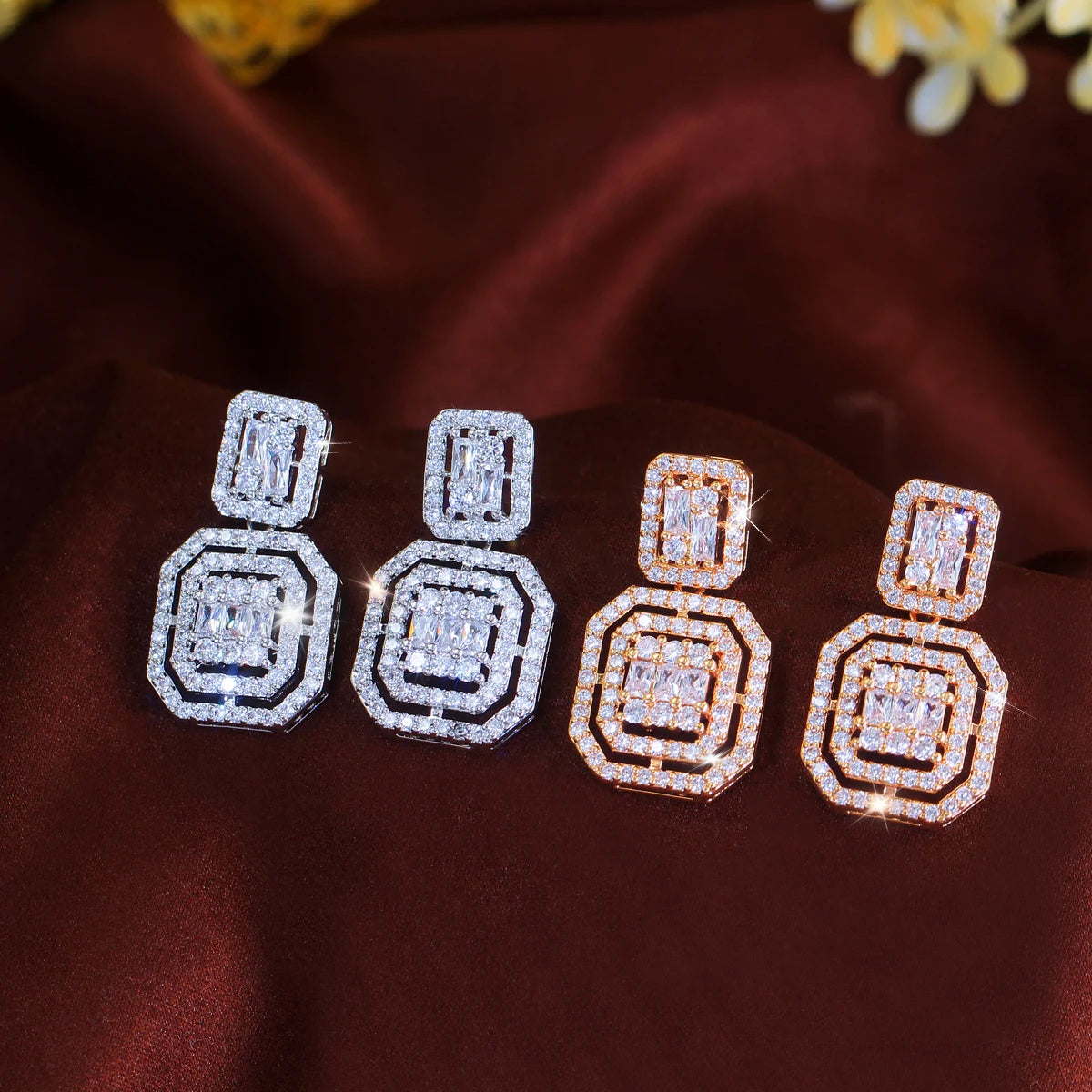 Delicate Gold Plated Cubic Zircon Square Drop Dangle Earrings for Women Fashion Wedding Party Wear Jewelry