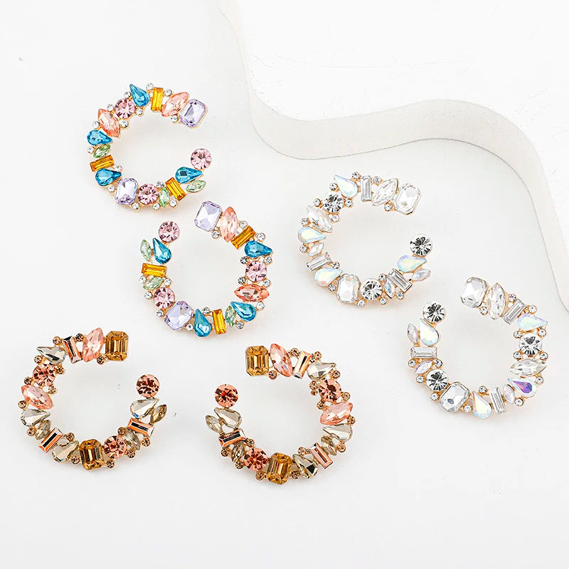 Wholesale Colored Glass Square Earrings Shiny Rhinestone Crystal C Shaped Geometric Splice Earrings