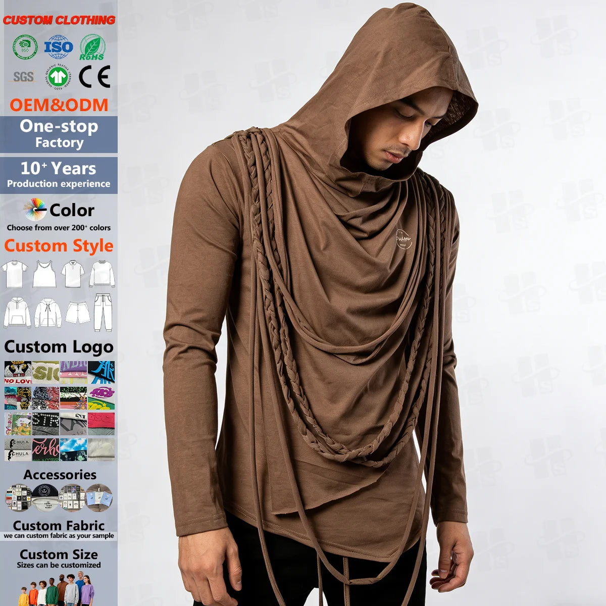 Men's Long-sleeved T-shirt Street Style Pile Collar T-shirt Swing Collar Hooded Custom Loose Fit T Shirt Screen Print Logo