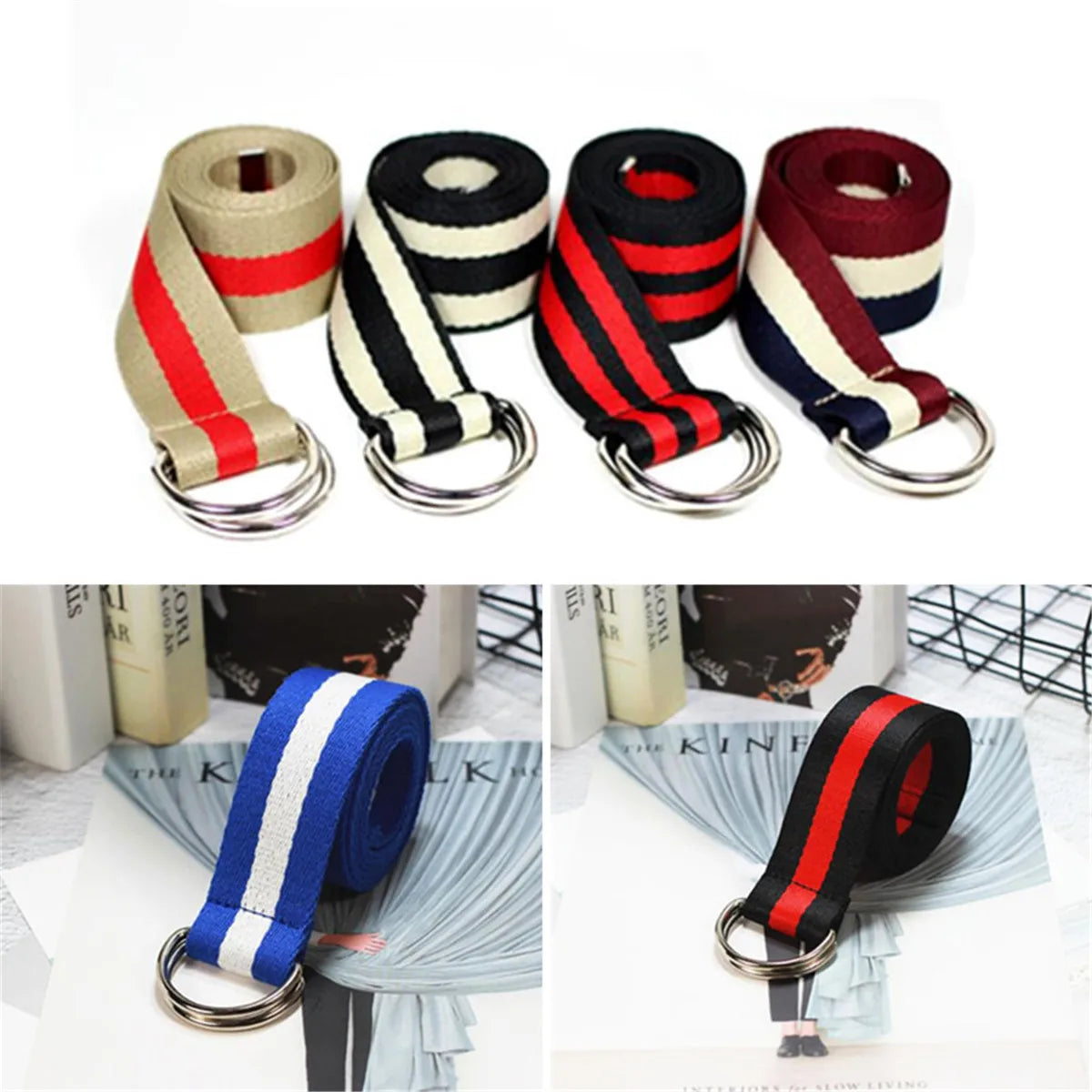 Women Mens Canvas Belts Double D-Ring Buckle Casual Jeans Adjustable Striped Belt Waistband