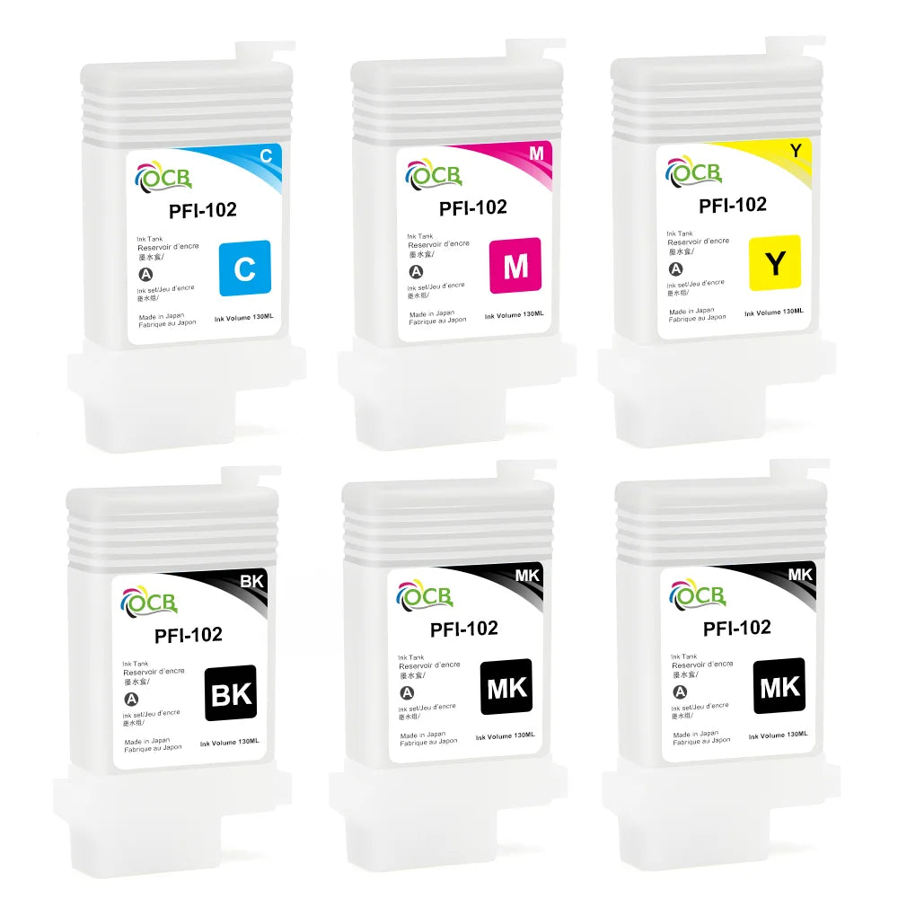 Ocbestjet 6 Colors 130ml PFI 102 Refillable Ink Cartridge for Canon IPF 650/655/750/755/760/765 Large Format Printer