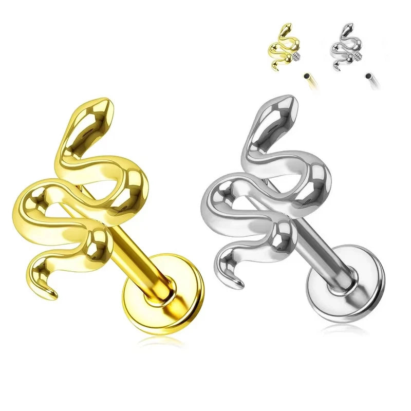 Gold Plated Titanium Snake Piercing Jewelry Internally Threaded Labret with Alien Snake Elephant Animal Stud for Weddings