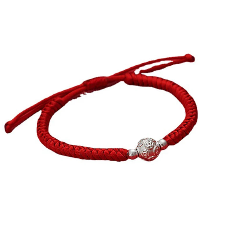S999 Sterling Silver Bead Bracelet for Women Hand Woven Red Rope Good Luck Bracelet Gift