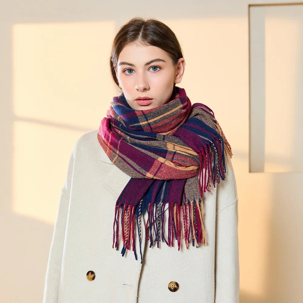 British Style Classic Plaid Cashmere Scarf with Tassel Winter Warm Neck Shawl for Women for Autumn