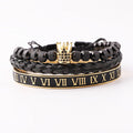 New Design Luxury Stainless Steel Black Enamel Roman Numeral Bangle CZ Crown Charm Beaded Bracelet Set Men JBS12448