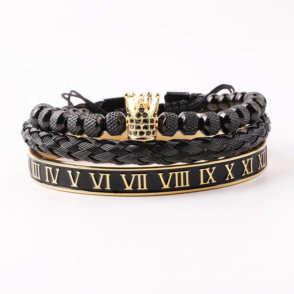 New Design Luxury Stainless Steel Black Enamel Roman Numeral Bangle CZ Crown Charm Beaded Bracelet Set Men JBS12448