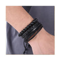 Vintage Multilayer Wood Beads Adjustable Leather Wristband Bracelets 3Pcs/Set DIY Handmade Weave Black Leather Men Bracelet