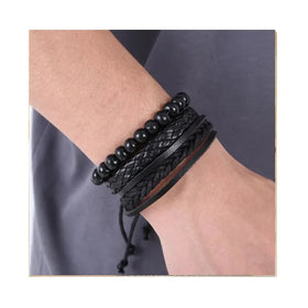 Vintage Multilayer Wood Beads Adjustable Leather Wristband Bracelets 3Pcs/Set DIY Handmade Weave Black Leather Men Bracelet