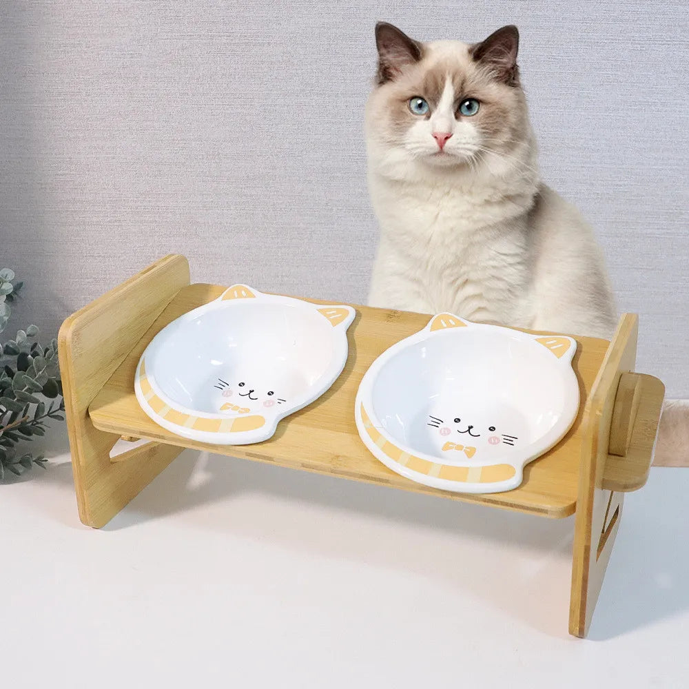 Wooden Frame Ceramic Cat Bowl - Adjustable Neck Guard Pet Bowl - Printed Cat Food Bowl