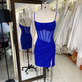 Latest Fashion Design Royal Blue Glitter Sequins Sexy See-through Short Evening Dresses Pleated Slit Party Mini Homecoming Dress