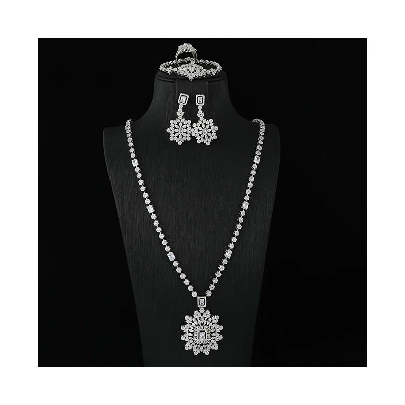 New Arrival Dubai Bridal Jewelry Sets for Women Necklace Earrings Ring Bracelet Cubic Zirconia Geometric Engagement Gift