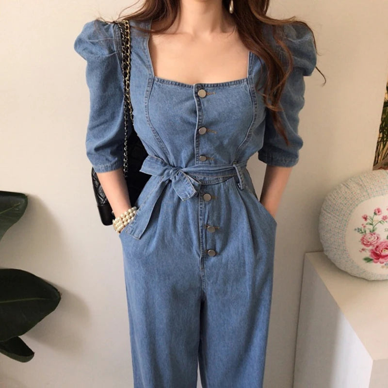Wholesale 2026 Fall New Retro Temperament Square Collar Metal Button Lace Double Pocket Puff Sleeve Denim Jumpsuit Sets
