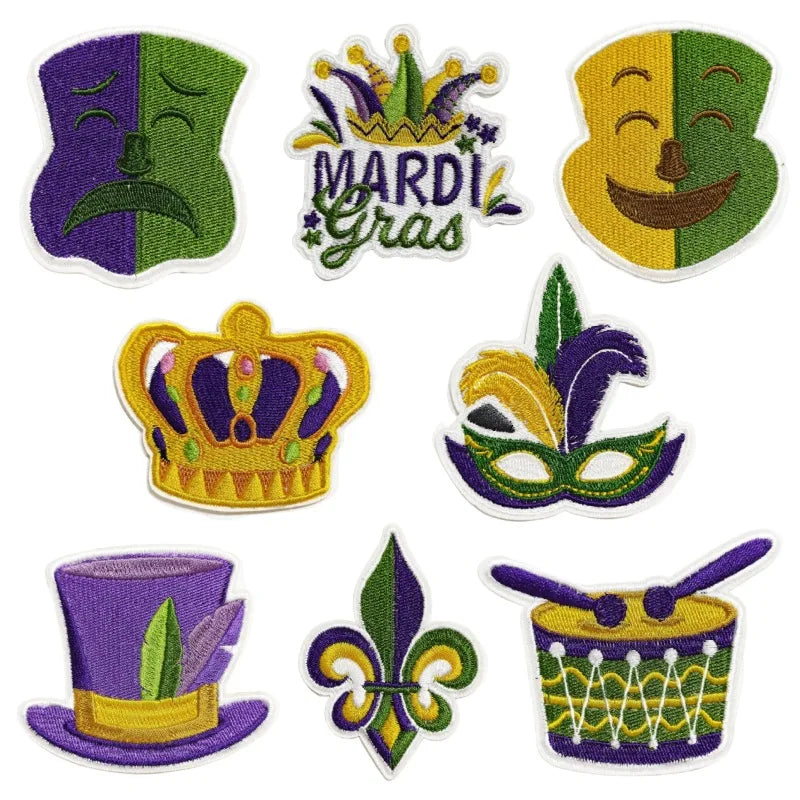 Factory Sell Mardi Gras Festival Theme Iron on  Embroidery Funny Mask Drum Top Hat Patch for Decoration
