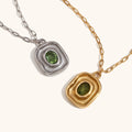 Retro 18k Gold Plated Stainless Steel Oval Green Zircon Pendant Necklace for Women Daily Wear