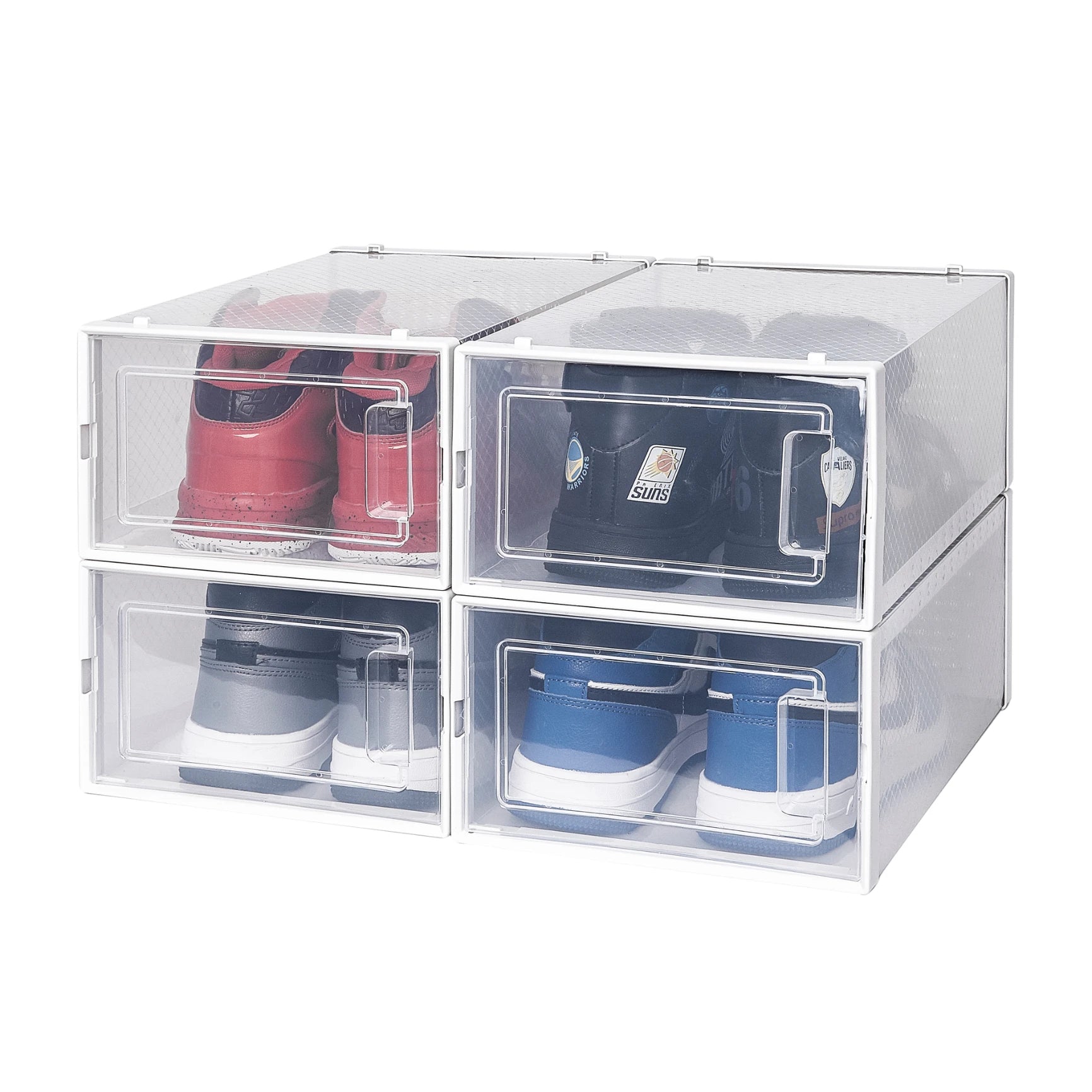 4 Pack X-Large Storage Shoe Box Foldable Clear Sneaker Display Box Stackable Storage Bins Shoe Container Organizer