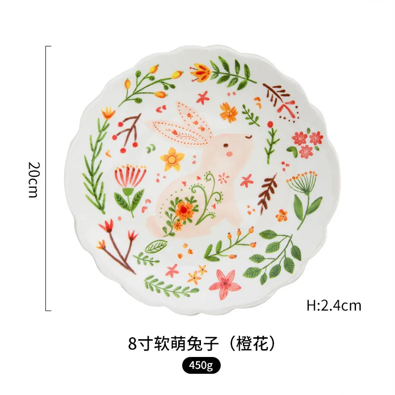 Solhui Ins Pastoral Cute Rabbit Underglaze Lace Ceramic Dessert Cake Plate 8 Inch Cartoon Breakfast Ceramic Plate