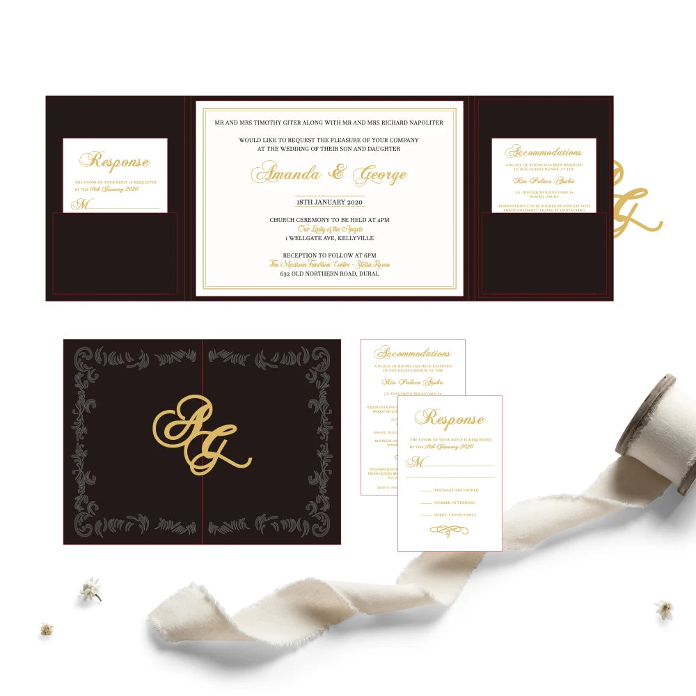 Hand Made Hardcover Pocket Design Gate Fold Velvet Wedding Invitation with Laser Cut Monogram Acrylic