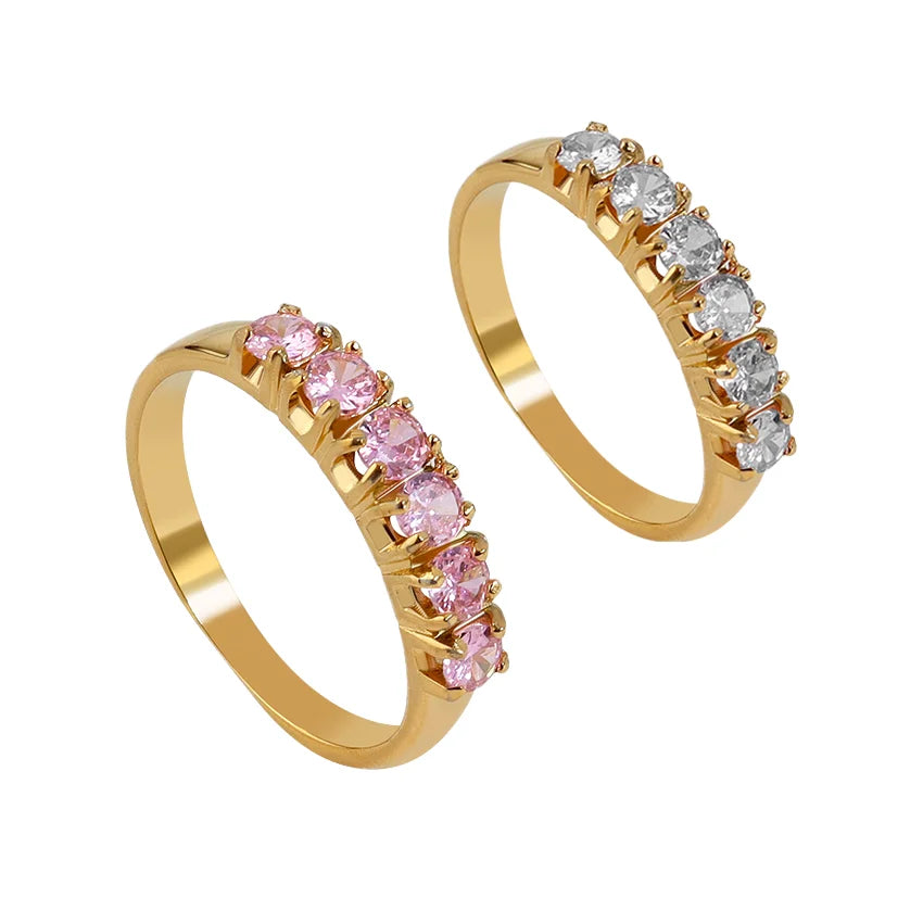 18K Gold Plated Stainless Steel Tennis Ring Round Stone Zircon Clear Pink Fashionable Tarnish-Free CZ Ring for Wedding Gift
