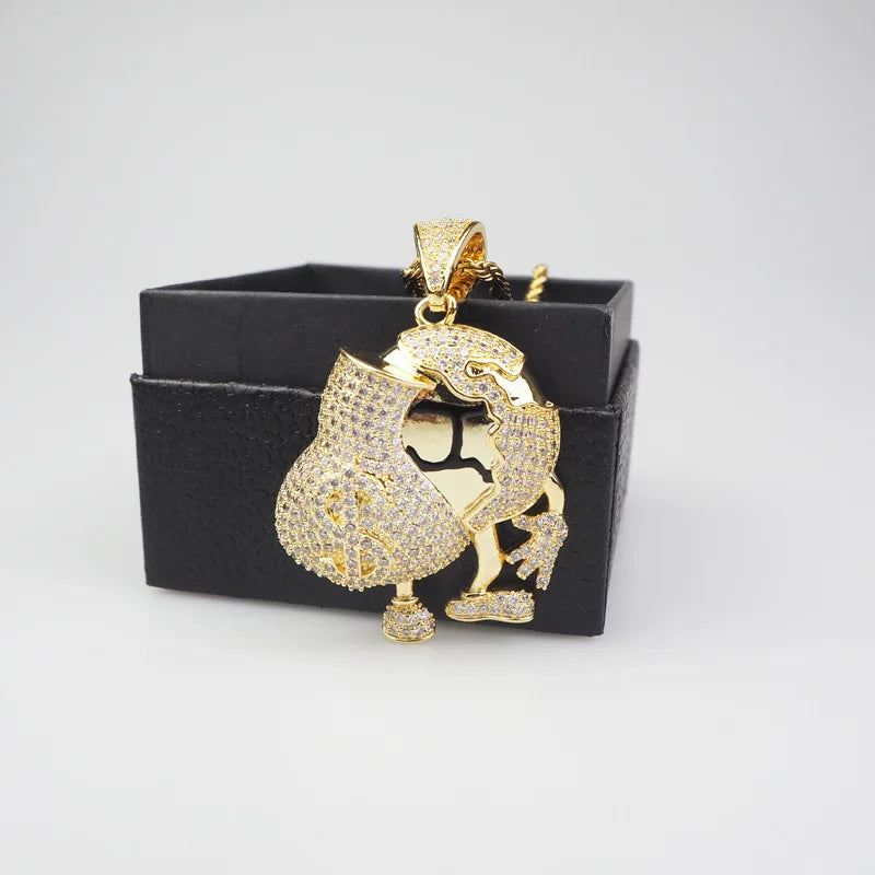 M Chocolate Beans Hold Money Bag Pendant Hip Hop Necklace Copper Jewelry European and American Hip Hop Zircon Lovers