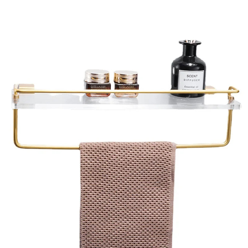 Modern Brushed Gold Eco-Friendly Stainless Steel & Acrylic Bathroom Wall Shelf Shower Organizer Rack Towel Organizer