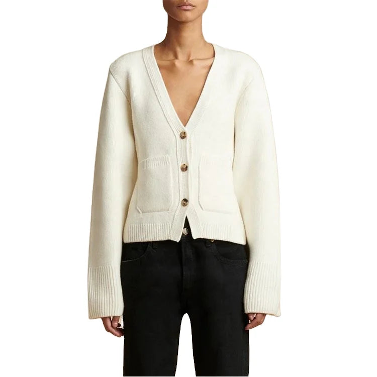 Custom 2025 Spring v Neck Knitwear Elegant Casual Female Sweater with Jacquard Technique Solid Pattern Winter Cardigan for Women